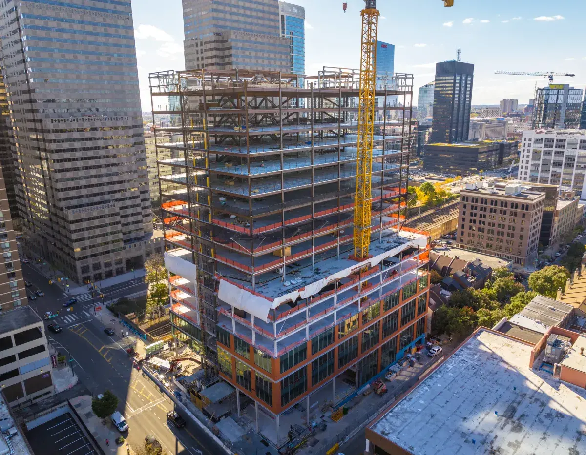 Aerial view of Chubb Center with crane