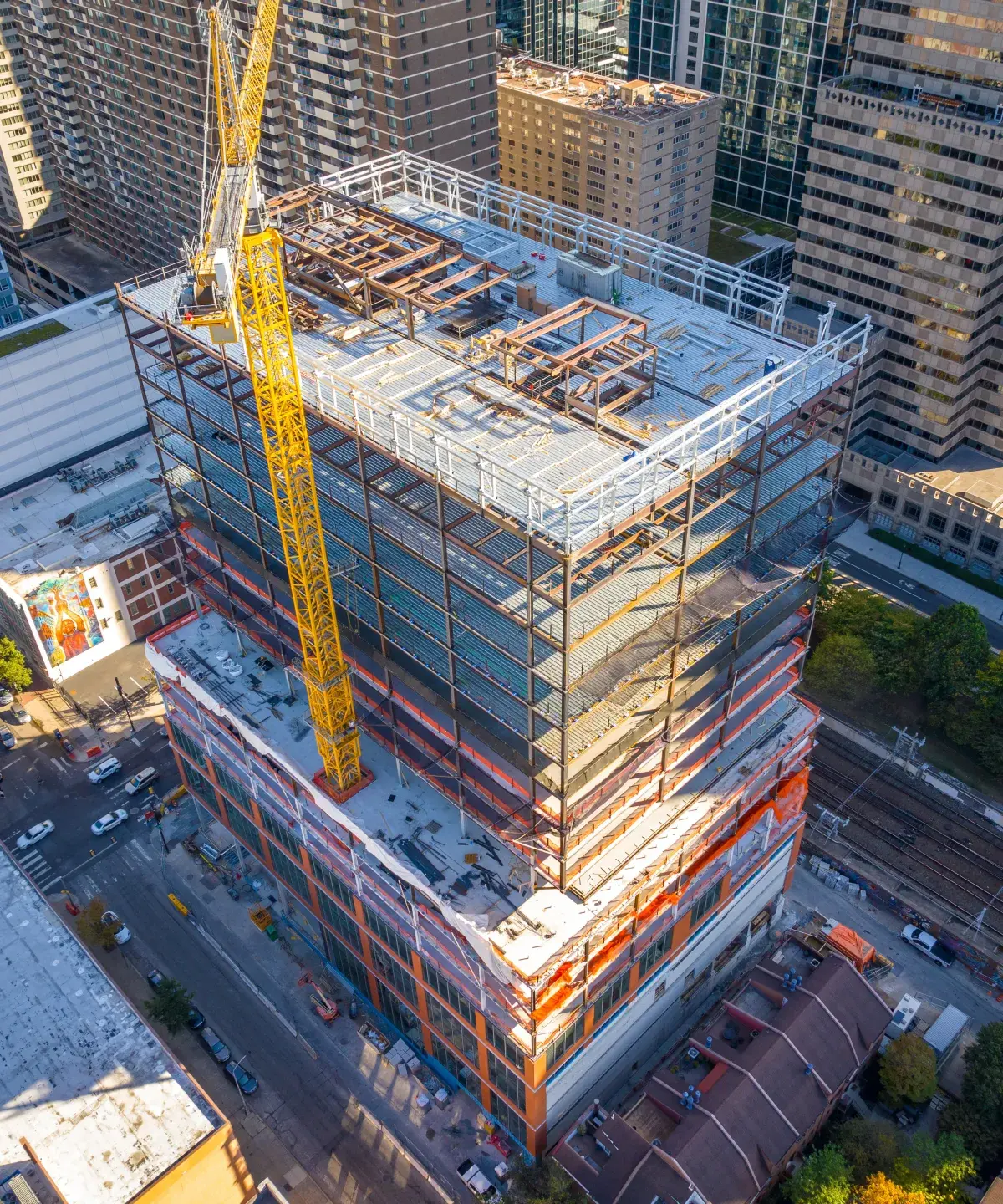 Angled aerial view of Chubb Center with crane