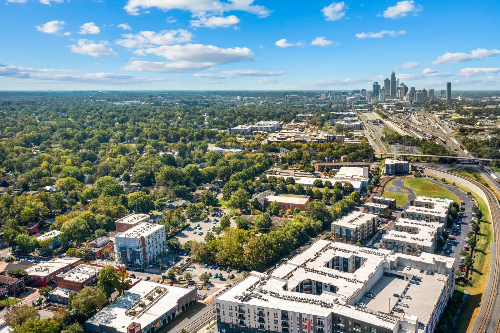 Aerial view of 409 E 35th Street & Charlotte Skyline